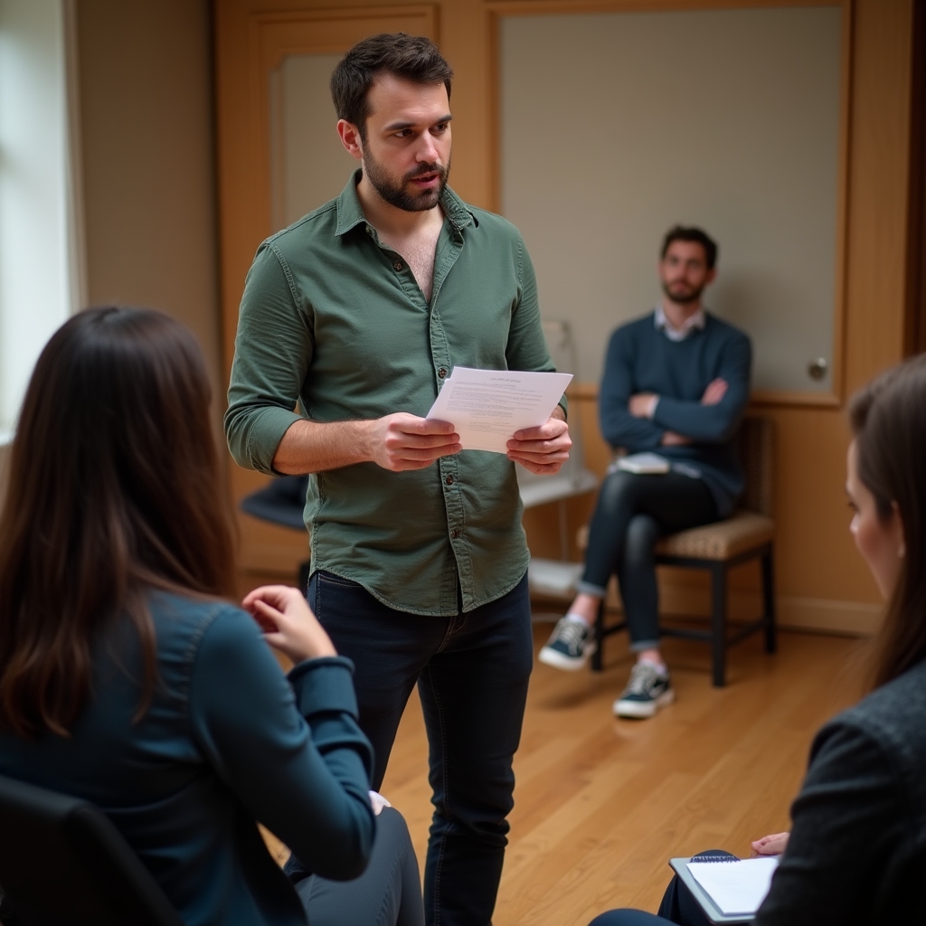 Participant exersand livrarea textului comic cu voce tare