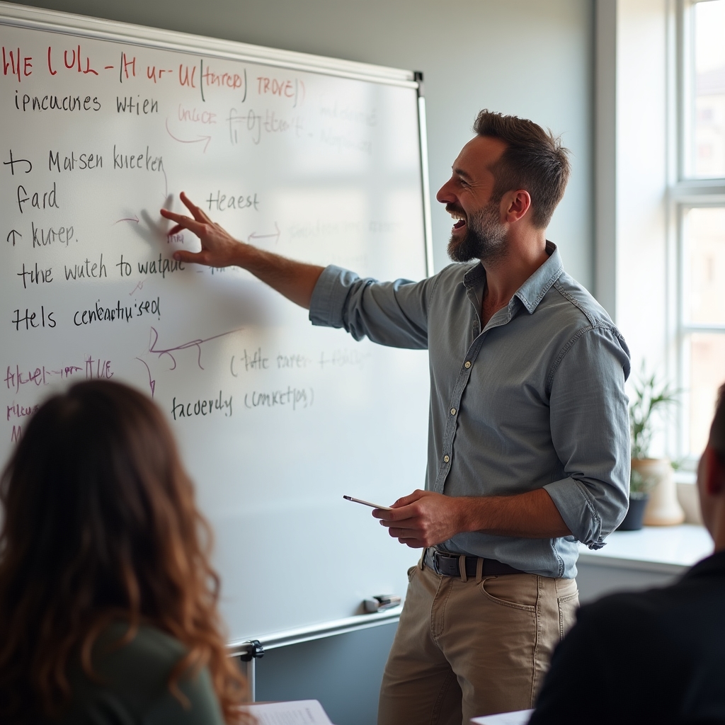 Facilitator care prezinta concepte la atelierul de scriere